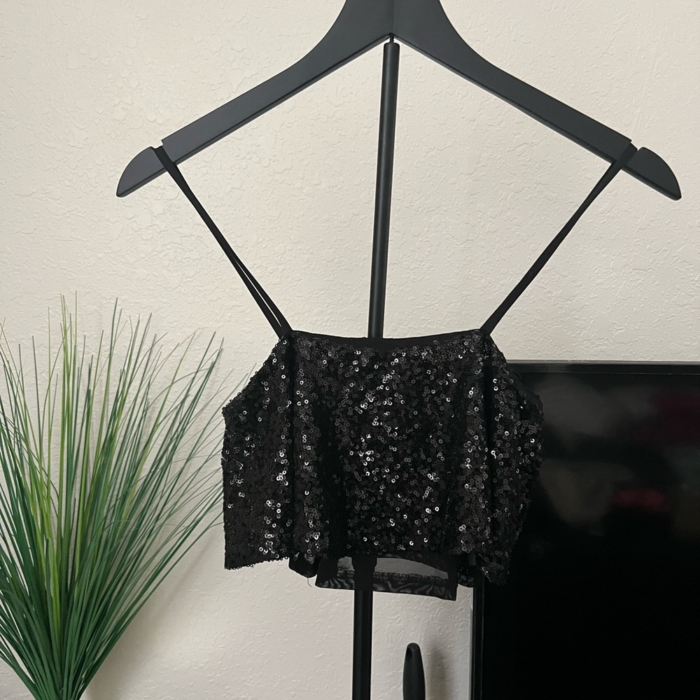 Elegant Black Sequin Crop Top